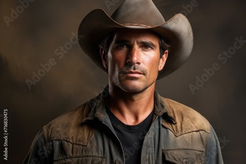 Portrait of a satisfied man in his 40s wearing a rugged cowboy hat against a minimalist or empty room background. AI Generation © CogniLens