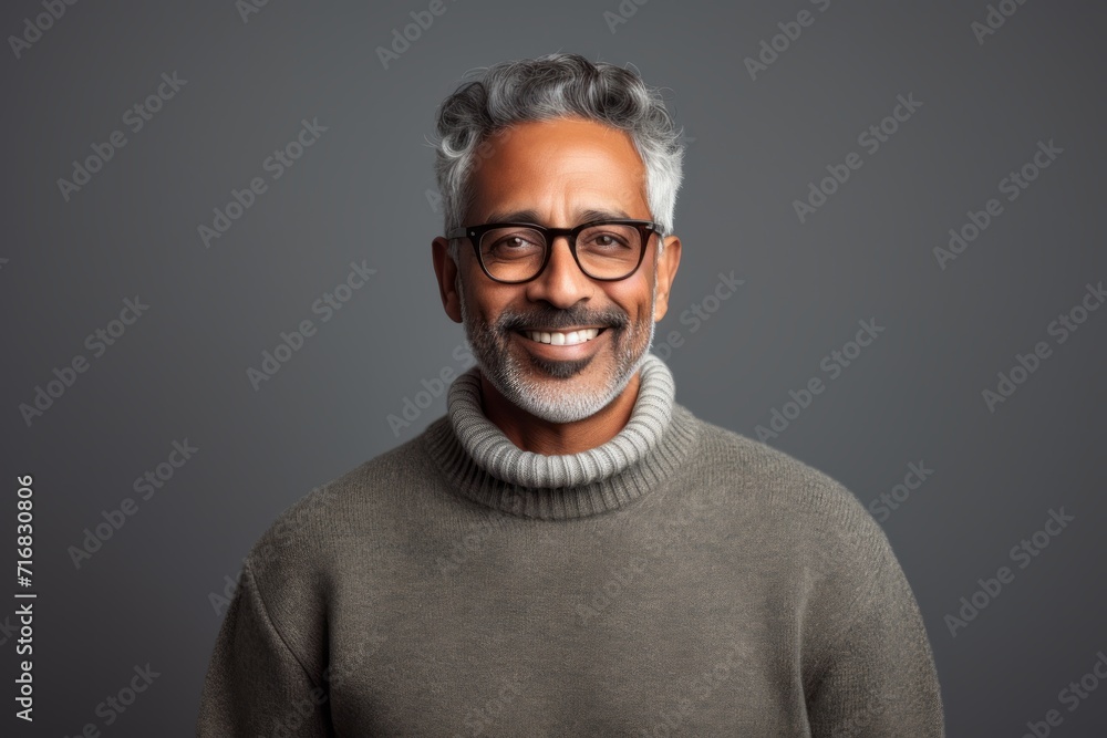 Portrait of a glad indian man in his 50s wearing a cozy sweater against a minimalist or empty room background. AI Generation
