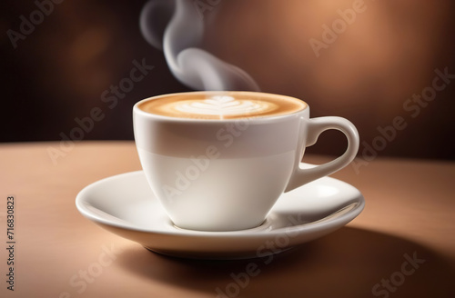 Cup of coffee  saucer. White classic ceramic mug filling a hot coffee with milk isolated on a beige studio background. Steaming flowing smoke. Coffee beans on a table. Copy space  front view  banner