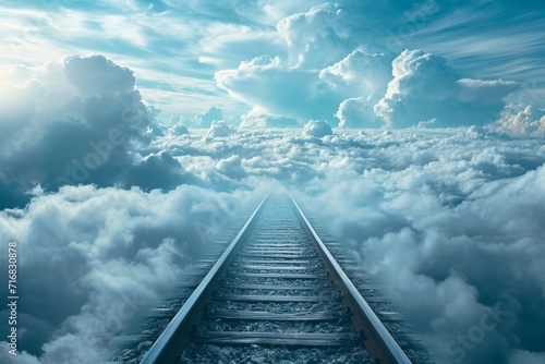 Surreal, dream-like image of a track floating in the sky among clouds, symbolizing aspirations and limitless possibilities