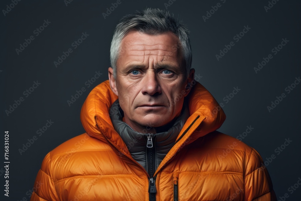 Portrait of a content man in his 50s donning a durable down jacket against a minimalist or empty room background. AI Generation Portrait of a content man in his 50s donning a durable down jacket against a minimalist or empty room background. AI Generation