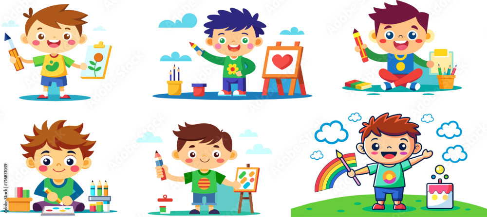Set of cute cartoon kids engaging in artistic activities and crafting Set of cute cartoon kids engaging in artistic activities and crafting