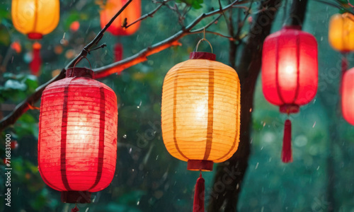 Chinese paper lanterns illuminate raindrops.