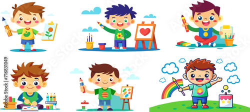 Set of cute cartoon kids engaging in artistic activities and crafting