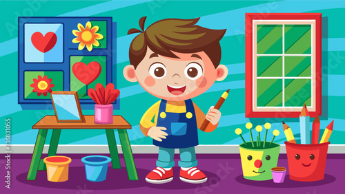 Cheerful boy with art supplies in a colorful room, kids creative play