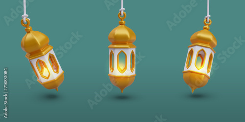 Set of festive Arabic lanterns with lit fire. Golden lamps on green background