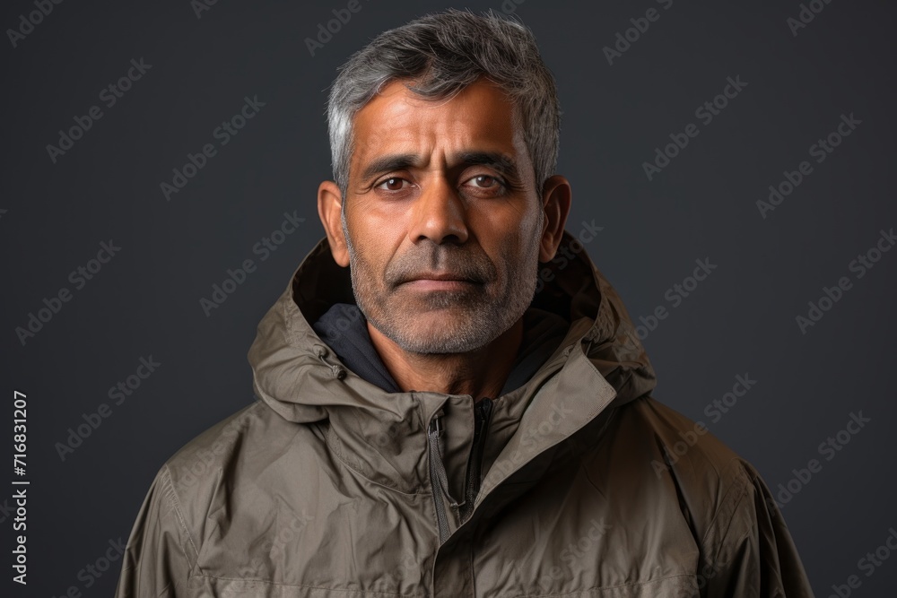 Portrait of a tender indian man in his 50s wearing a lightweight packable anorak against a minimalist or empty room background. AI Generation