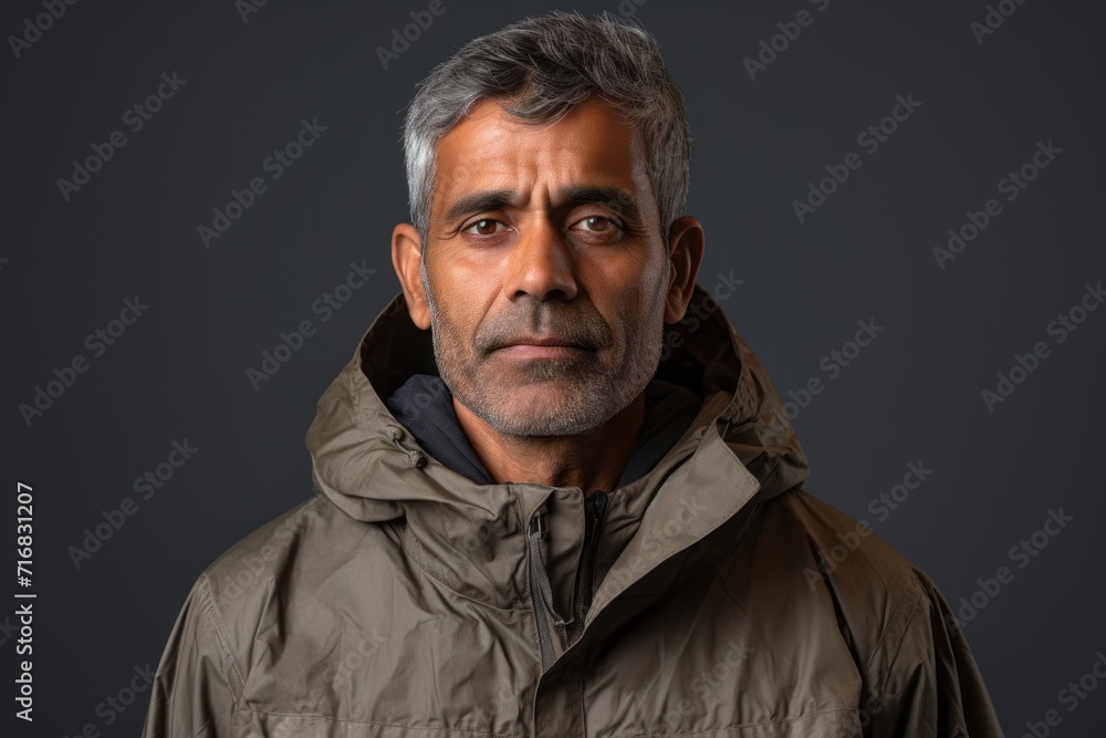 Portrait of a tender indian man in his 50s wearing a lightweight packable anorak against a minimalist or empty room background. AI Generation Portrait of a tender indian man in his 50s wearing a lightweight packable anorak against a minimalist or empty room background. AI Generation