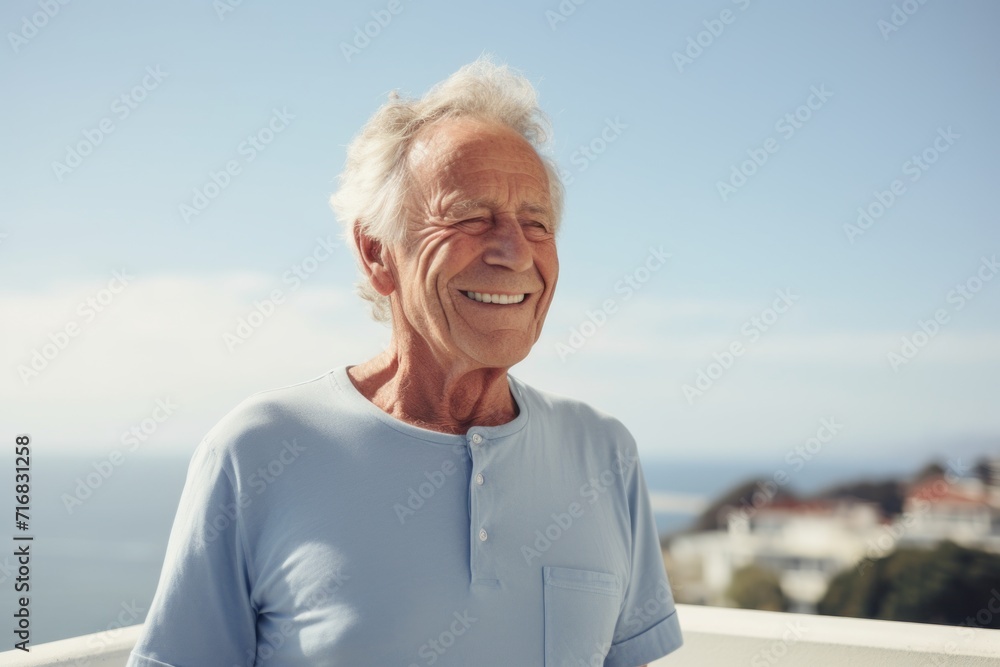 Portrait of a grinning man in his 80s donning a trendy cropped top against a minimalist or empty room background. AI Generation Portrait of a grinning man in his 80s donning a trendy cropped top against a minimalist or empty room background. AI Generation