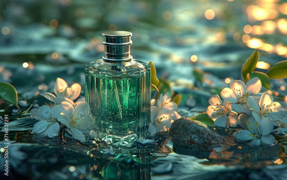 Green Perfume Bottle Amidst Floral Water Green Perfume Bottle Amidst Floral Water
