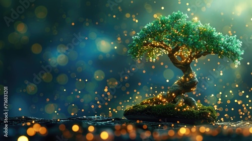 Magical bonsai tree illuminated by golden lights against a dark mystical background. photo