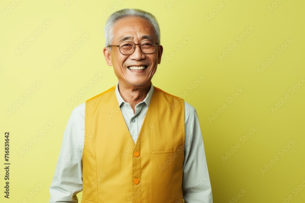 Portrait of a cheerful asian man in his 80s dressed in a breathable mesh vest against a minimalist or empty room background. AI Generation Portrait of a cheerful asian man in his 80s dressed in a breathable mesh vest against a minimalist or empty room background. AI Generation