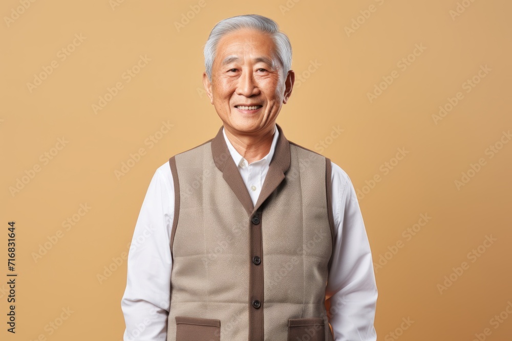Portrait of a cheerful asian man in his 80s dressed in a breathable mesh vest against a minimalist or empty room background. AI Generation Portrait of a cheerful asian man in his 80s dressed in a breathable mesh vest against a minimalist or empty room background. AI Generation