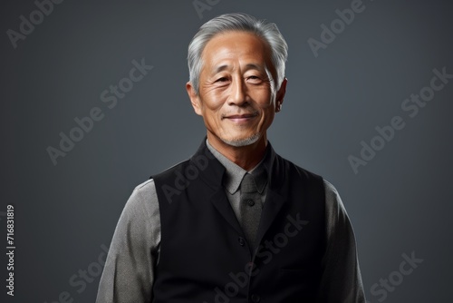 Portrait of a tender asian man in his 70s dressed in a polished vest against a minimalist or empty room background. AI Generation