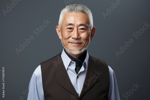 Portrait of a tender asian man in his 70s dressed in a polished vest against a minimalist or empty room background. AI Generation