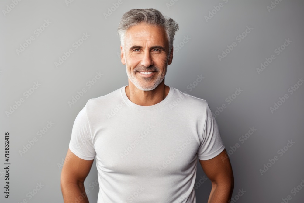 Portrait of a satisfied man in his 60s wearing a moisture-wicking running shirt against a minimalist or empty room background. AI Generation Portrait of a satisfied man in his 60s wearing a moisture-wicking running shirt against a minimalist or empty room background. AI Generation