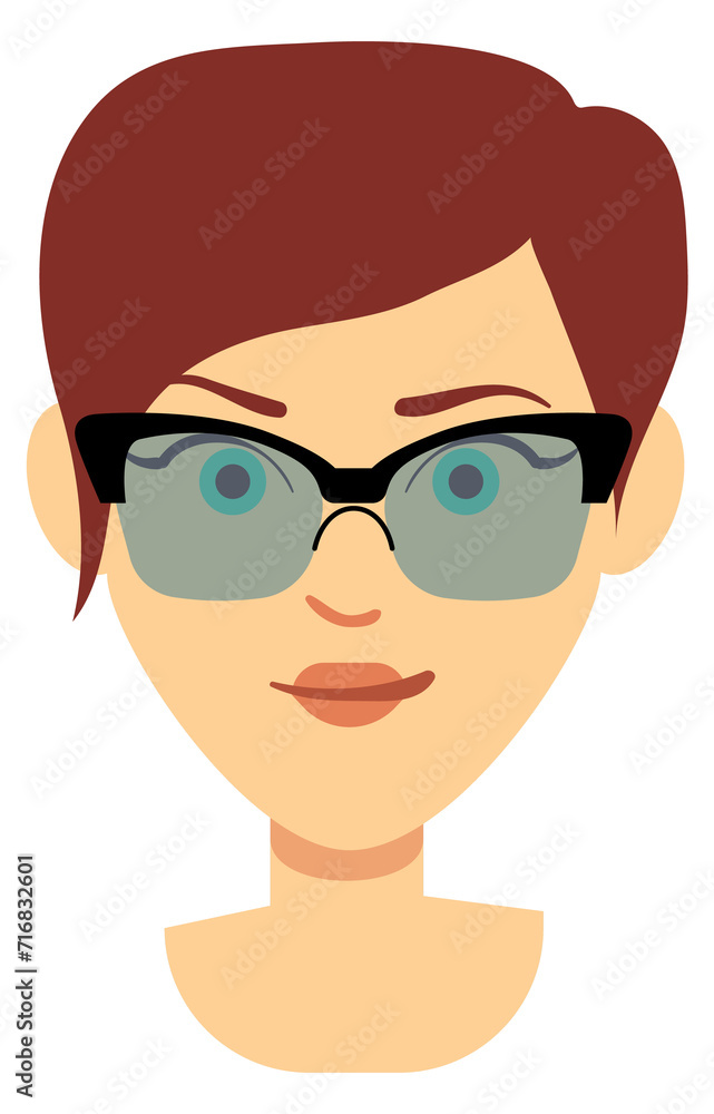 Woman head in sunglasses. Cartoon character face portrait Woman head in sunglasses. Cartoon character face portrait