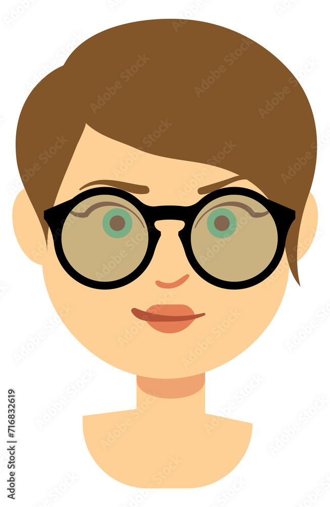 Round sunglasses frame on young woman. Fashion cartoon portrait