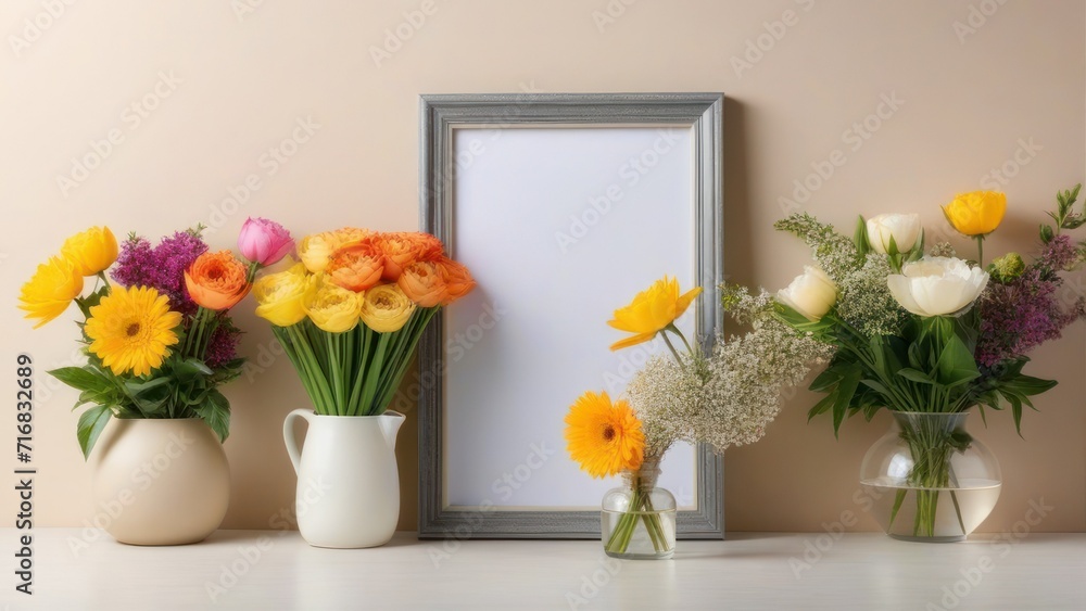 image of blooming flowers of various colors placed on and around empty pink photo frame against light blue background.  generative, ai.