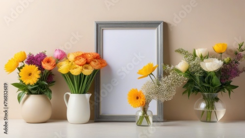 image of blooming flowers of various colors placed on and around empty pink photo frame against light blue background. generative, ai.