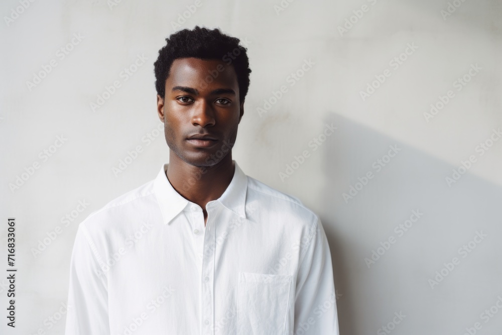 Portrait of a tender afro-american man in his 20s wearing a simple cotton shirt against a minimalist or empty room background. AI Generation Portrait of a tender afro-american man in his 20s wearing a simple cotton shirt against a minimalist or empty room background. AI Generation