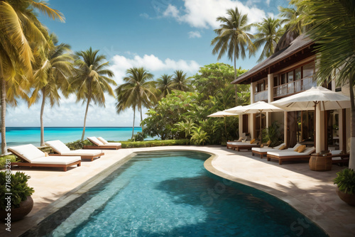 Indulge in seaside luxury with a modern beachfront hotel.Maldives, Thai,a stunning swimming pool overlooking crystal clear waters © ArtfuIInfusion