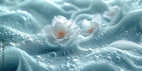 white jasmine flowers in a sea of light blue soft waves of water  bubbles of fresh soap spa  awakening the sensation of perfume and soft elegance essence and glamour pinch