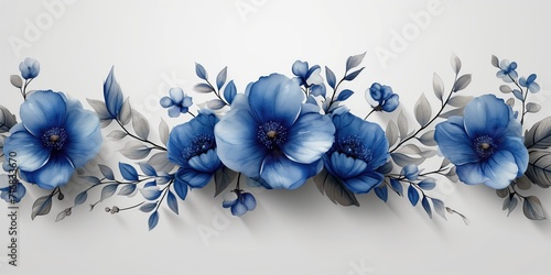 Obraz na płótnie Decoración floral azul y plata, línea divisoria, cinta detalle papel, carteles,