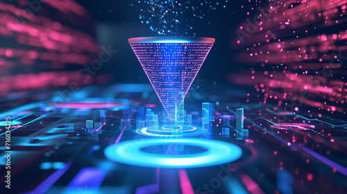 A digital marketing funnel holographically displayed with live data, business, dynamic and dramatic compositions, with copy space