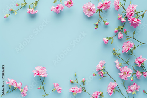 Banner with pink flowers on light blue background. Greeting card template for Wedding  mothers or womans day. Springtime composition with copy space. Flat lay style
