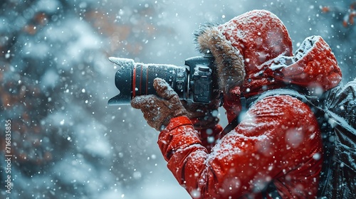 Close shot of a wildlife photographer during snow storm with a big copy space, Generative AI.