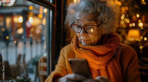 Elderly woman using smartphone in cozy cafe, warm ambient lighting, modern technology in everyday life.