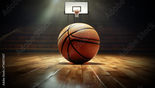 Close-up of an orange and black basketball ball on the wooden parquet of a basketball court. Generative Ai.