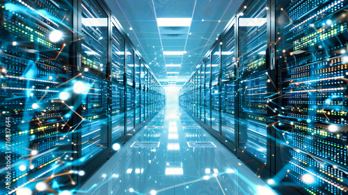 Modern Datacenter with Server Racks: High-Tech Networking and Computing Infrastructure
