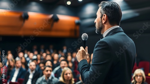 a man in a suit is holding a microphone in front of a crowd of people in a conference room