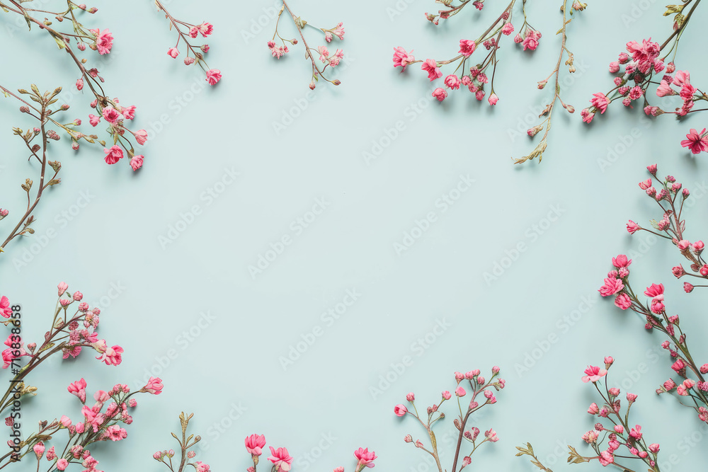 Romantic floral frame with tiny delicate pink waxflowers sprinkled over a pale pastel blue background