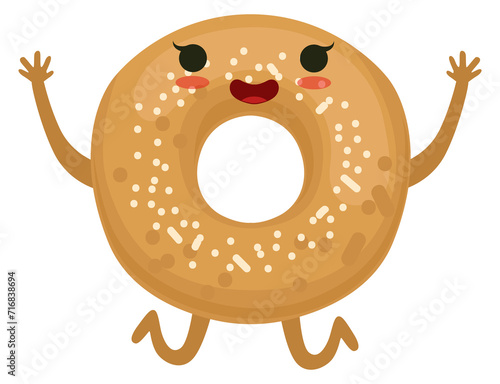 Jumping bagel mascot. Happy face bakery character