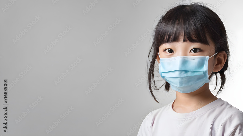 Asian girl wearing protective medical face mask with copyspace, Generative AI illustration Asian girl wearing protective medical face mask with copyspace, Generative AI illustration