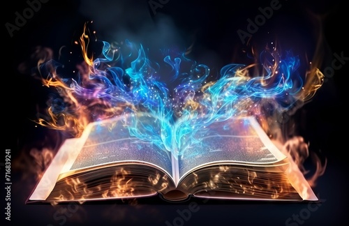 Open book with magic light and smoke on dark background.