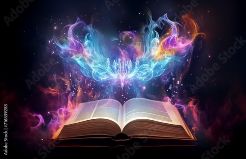 Open book with magic light and smoke on dark background.