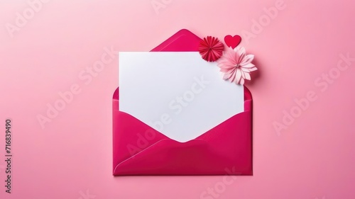 Love design for Valentine’s Day. Envelope with blank sheet of paper with copy space for text. Paper cut flowers and heart decoration