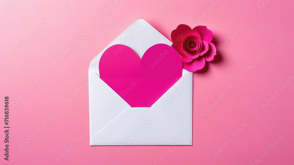 Valentines day white envelope with blank pink sheet of paper in shape of heart with copy space for text. Paper cut flower decoration