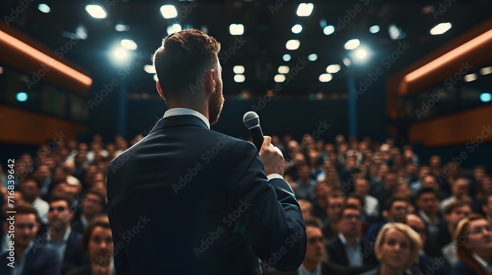 a man in a suit is holding a microphone in front of a crowd of people in a conference room - obrazy, fototapety, plakaty 