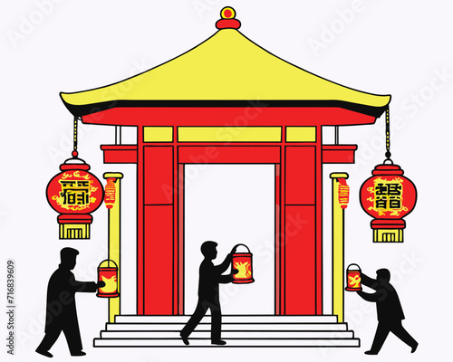 Happy China new year 2024, Red Chinese gate and people around it