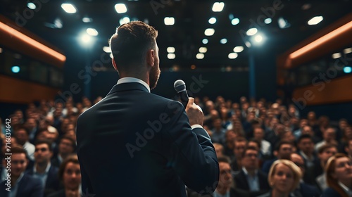 a man in a suit is holding a microphone in front of a crowd of people in a conference room photo