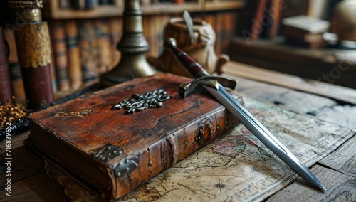Vintage book, sword and old map on a wooden table.