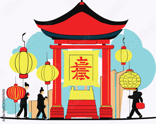 Happy China new year 2024, Red Chinese gate and people around it