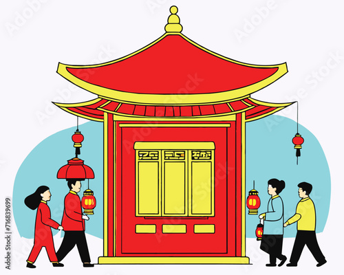 Happy China new year 2024, Red Chinese gate and people around it