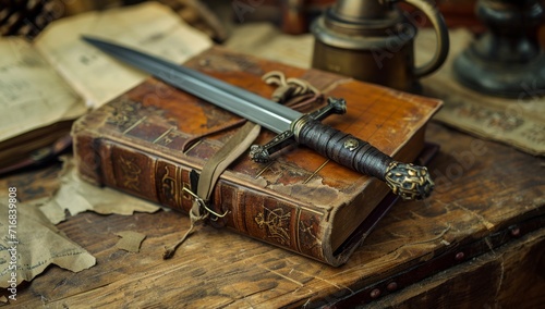 Vintage book, sword and old map on a wooden table.
