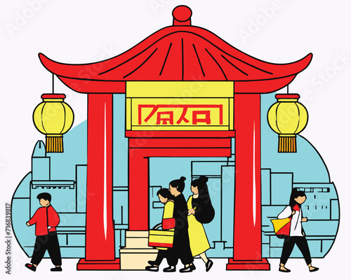 Happy China new year 2024, Red Chinese gate and people around it